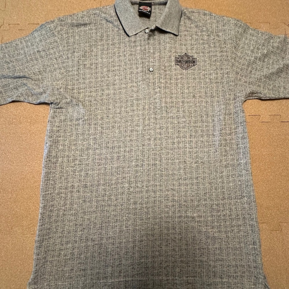 Harley Davidson Polo Shirt Mens XL Grey Grid Pattern VTG USA Made Embroidered
